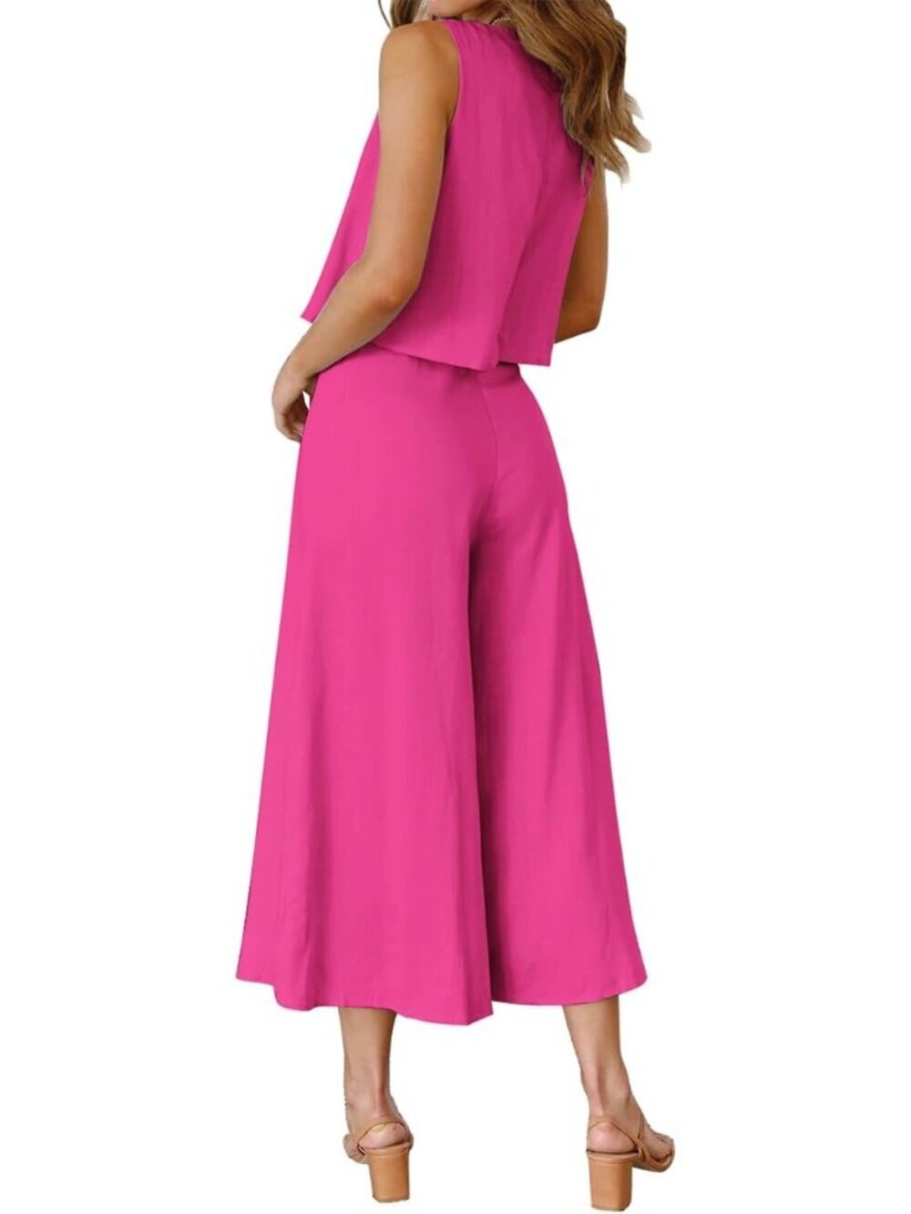 Women's Summer 2 Piece Rose Red Round Neck Crop Top Cropped Wide Leg Jumpsuit - Picture 3 of 6